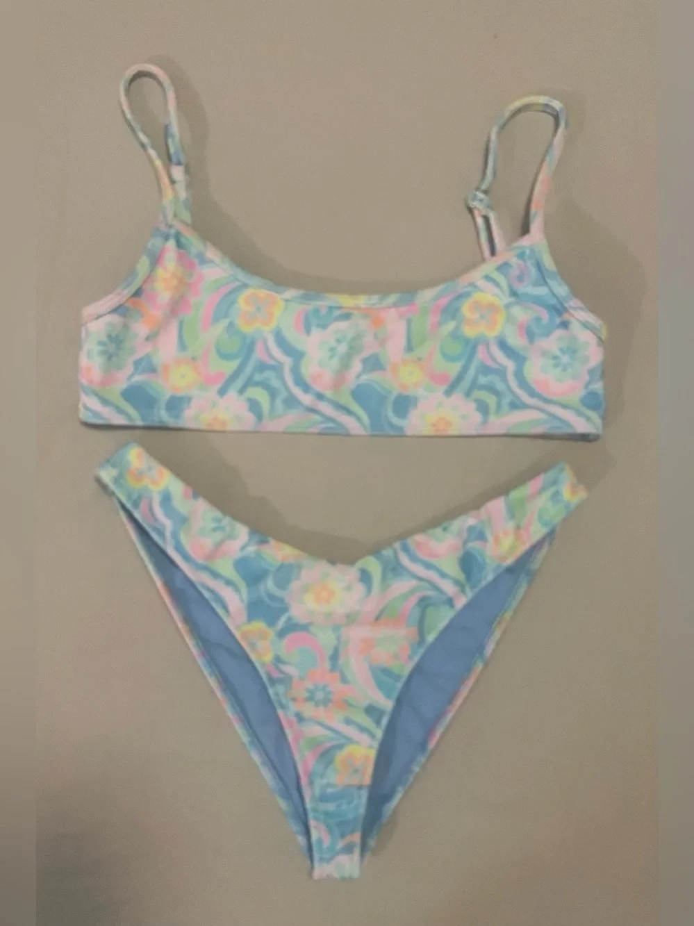 Frankie's Bikinis Pastel Floral Scoop Top & High-Cut Bottom in Blue, Pink, Mint
